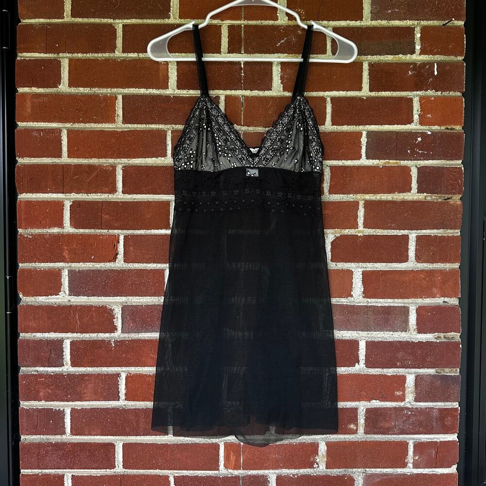 Arianne Black Lace Mesh Babydoll Chemise Slip Dress L